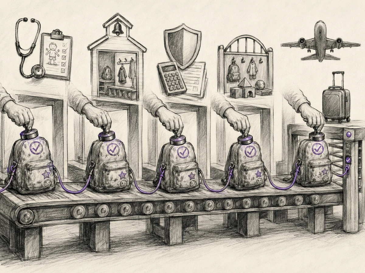 A child’s backpack passes through medical, school, insurance, daycare, and travel checkpoints connected by one purple tracking thread.