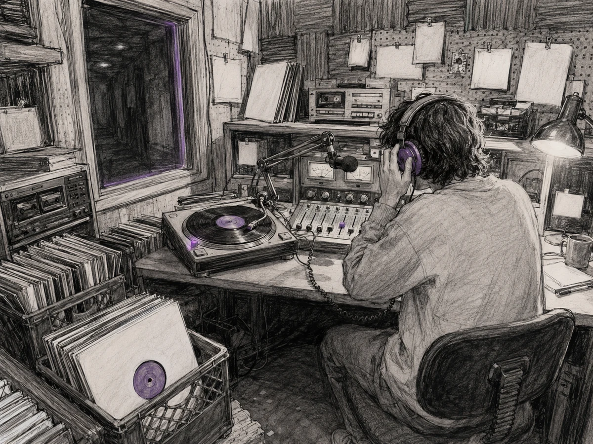 Bright charcoal sketch of a cramped late-night college-radio booth filled with records, headphones, and an absorbed listener.