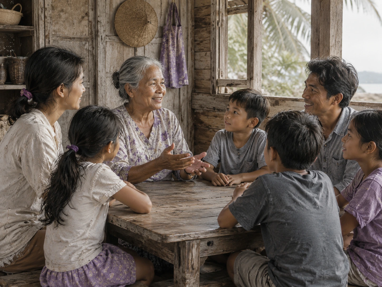 Children and adults listen as an older woman tells a story around a wooden table.