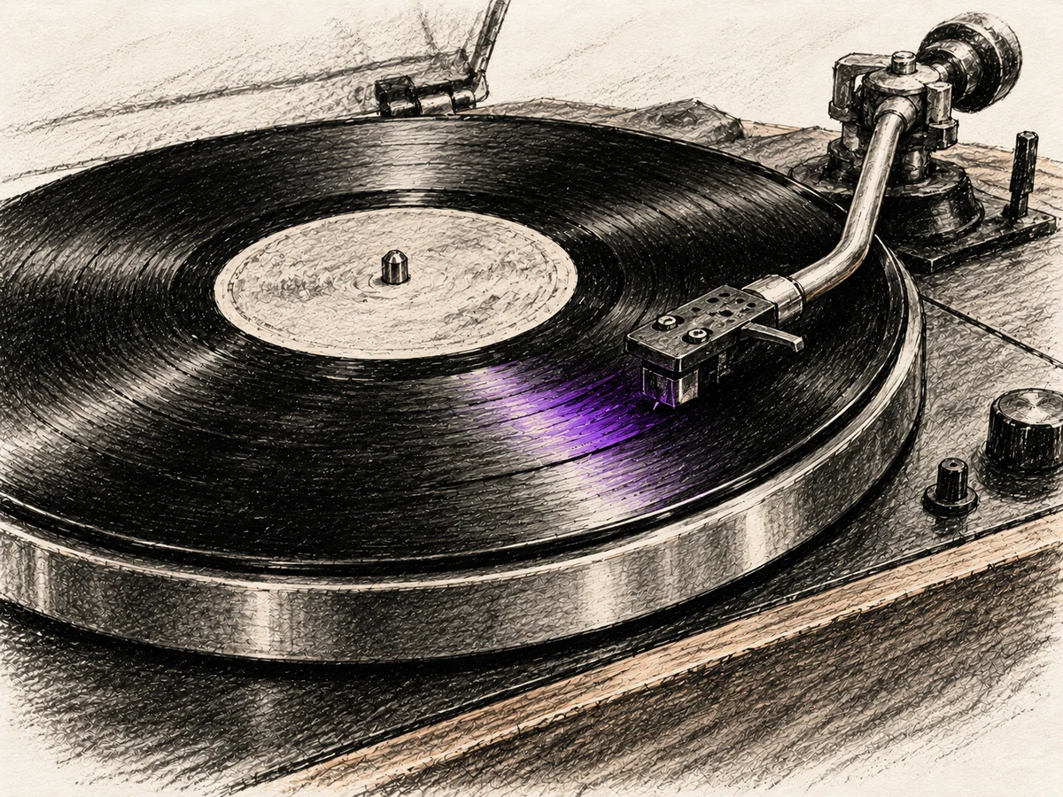 A well-used turntable playing a record with the stylus in the groove and a faint purple highlight.