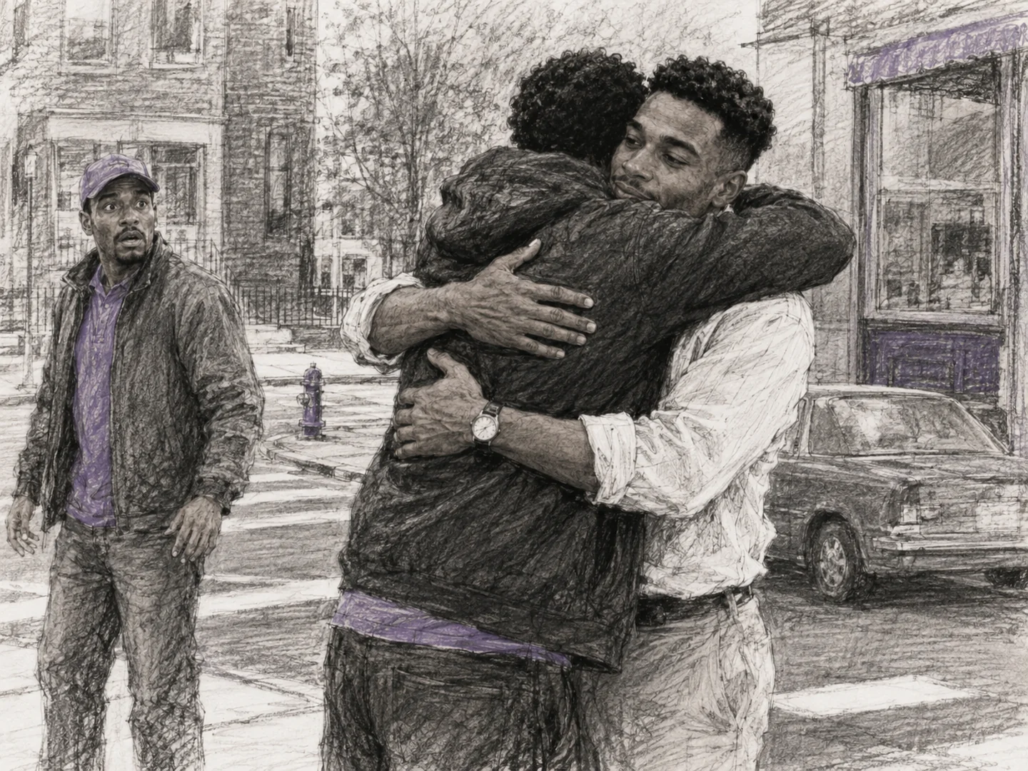 Louis embracing the former friend who had robbed him while the man stands stunned on a Boston street.