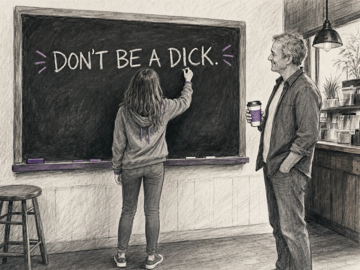 A teenage girl writes Don’t Be a Dick on a coffee-shop advice chalkboard as her father watches.