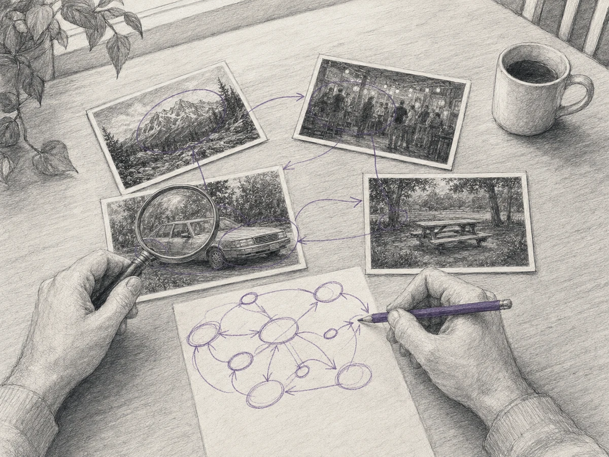 A puzzled recipient arranging unrelated photographs into an elaborate imagined connection at a kitchen table.