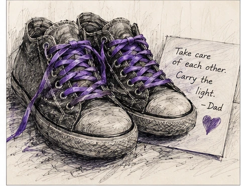 Sketch illustration of a pair of worn black sneakers with bright purple laces beside a handwritten note that says ‘Take care of each other. Carry the light. –Dad’.