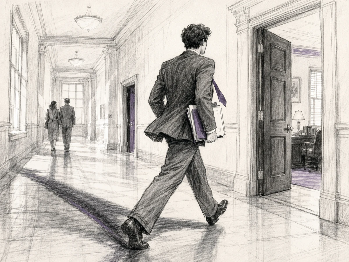 A confident young man strides toward professional success while his shadow reaches back toward people he has left behind.
