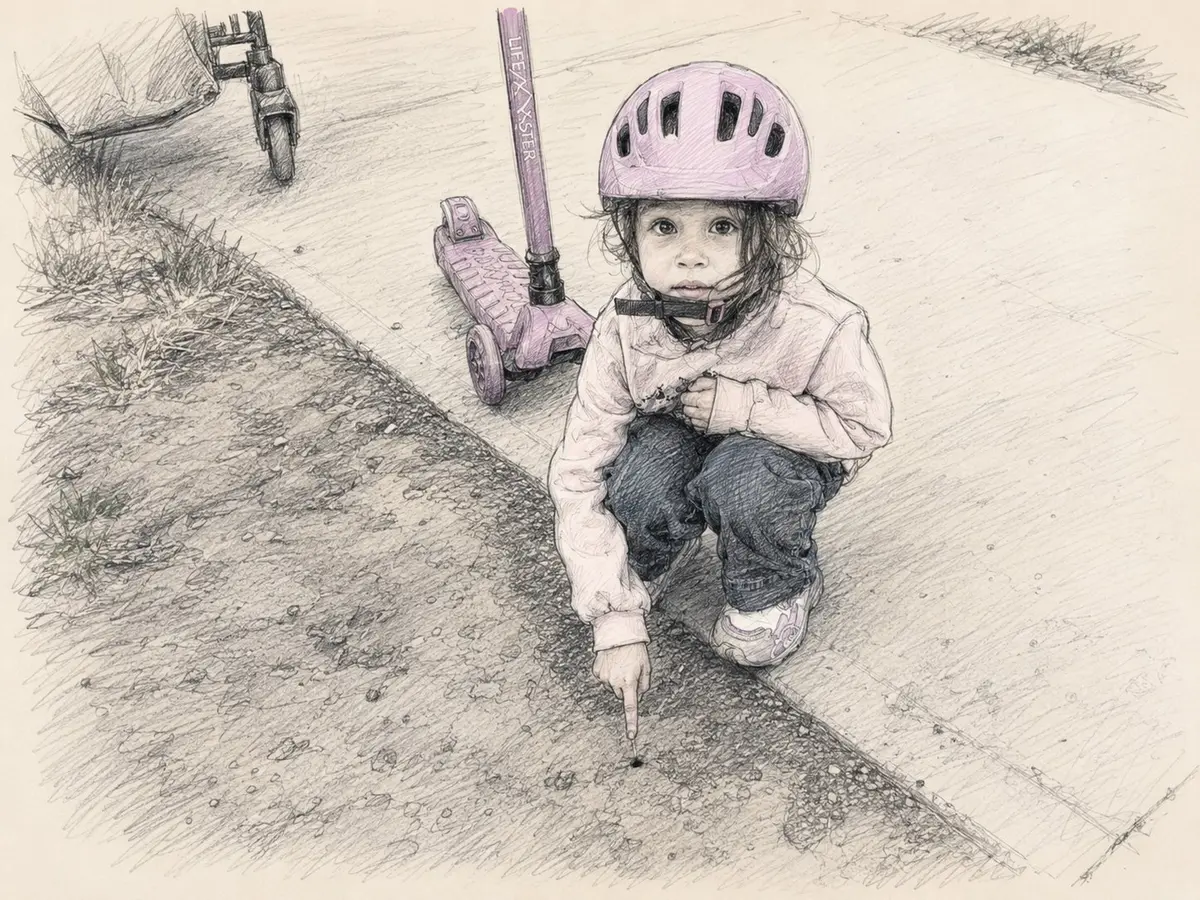 A pencil-and-watercolor illustration of Raven in a purple helmet crouching beside her scooter and pointing toward an ant hill.