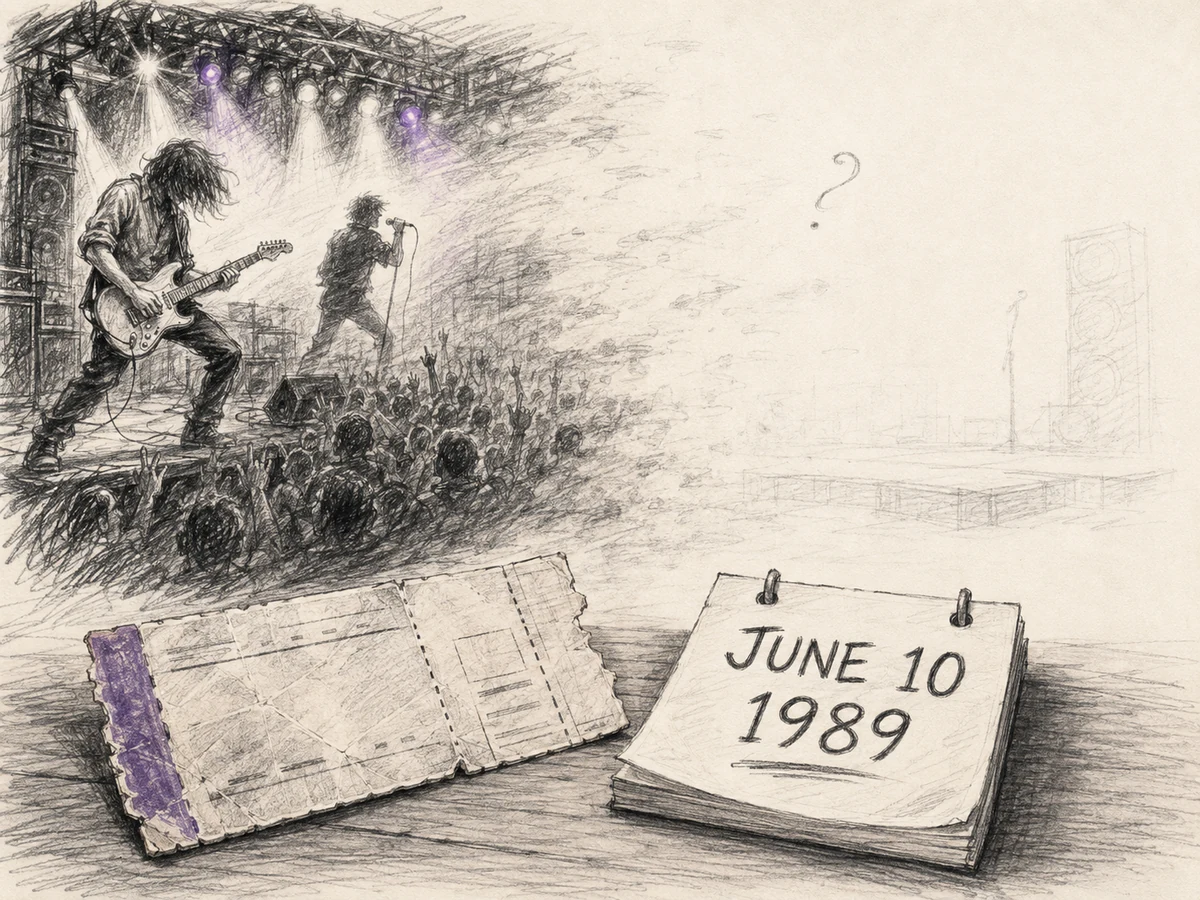 A vivid opening concert fading into a blank erased arena where the remembered headliner should be.