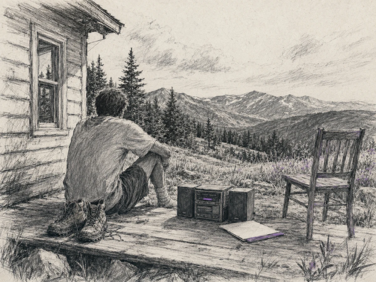 A solitary man sits outside a house at Caribou Ranch with hiking boots and a stereo beneath the Colorado mountains.