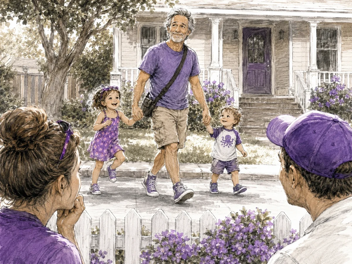 An older father walks hand in hand with his young daughter and toddler son while two neighbors watch from across the street.