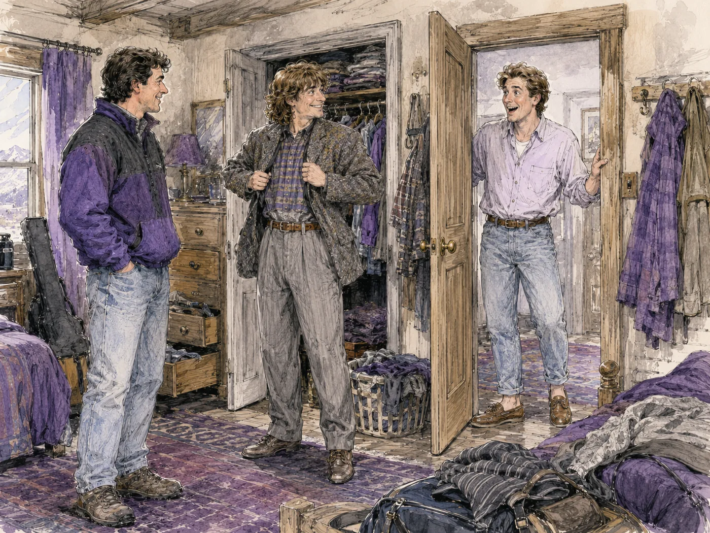Todd discovering the stranger Ned trying on Brent’s clothes in a cluttered Caribou Ranch bedroom.