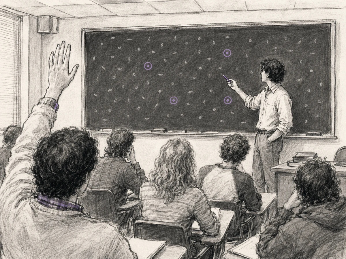 A student raises his hand while a teaching assistant contrasts a few vivid marks with many faint overlooked marks on a classroom chalkboard.