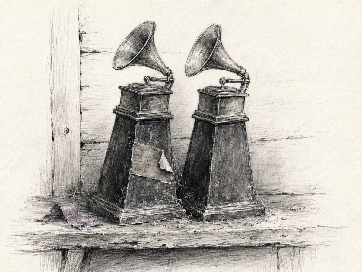 Charcoal sketch of two dusty music trophies on tall pedestals, neglected on a rustic wooden shelf.