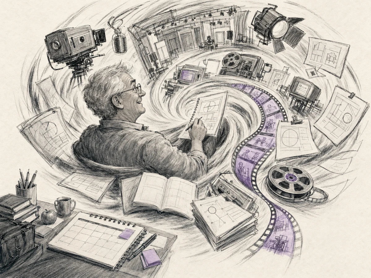 Charcoal sketch of a teacher disappearing into a whirlwind of vintage television history and studio records.
