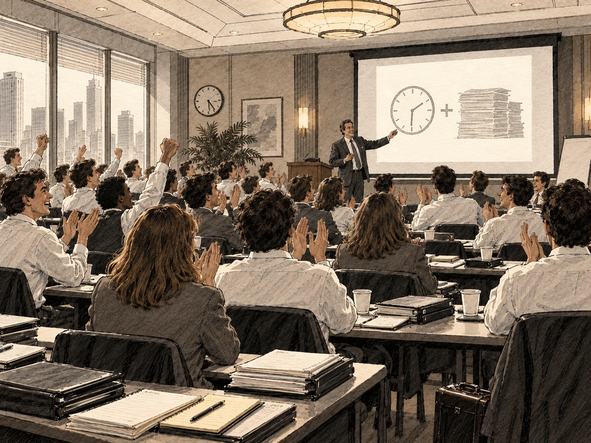 Young consultants enthusiastically applauding an overtime announcement during corporate training.