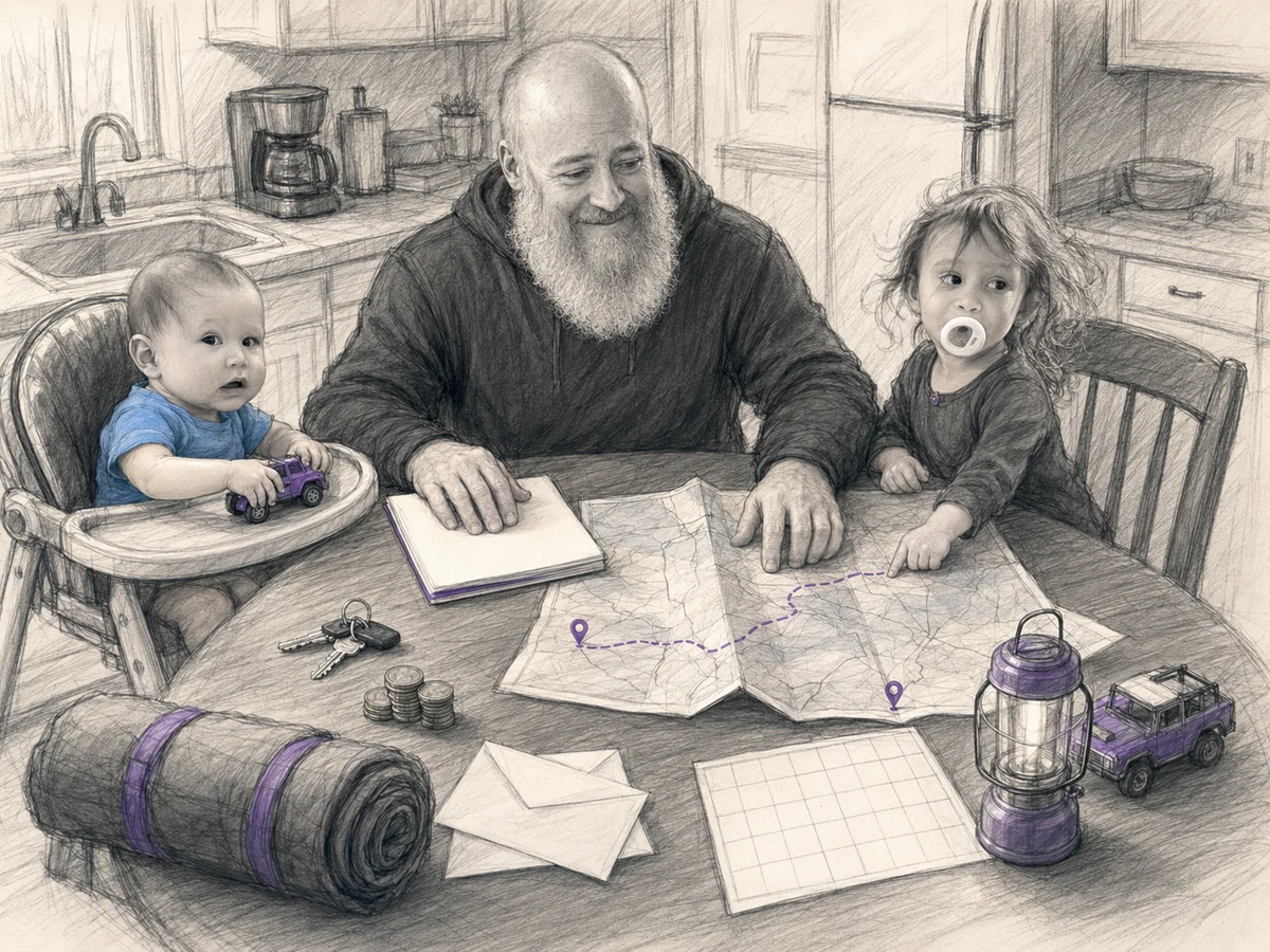 Will, Raven, and Alexander arranging maps, school materials, money, household items, and camping gear around a kitchen table.