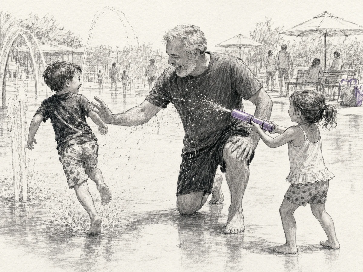 An older father playing in the water with two young children at a busy splash pad.