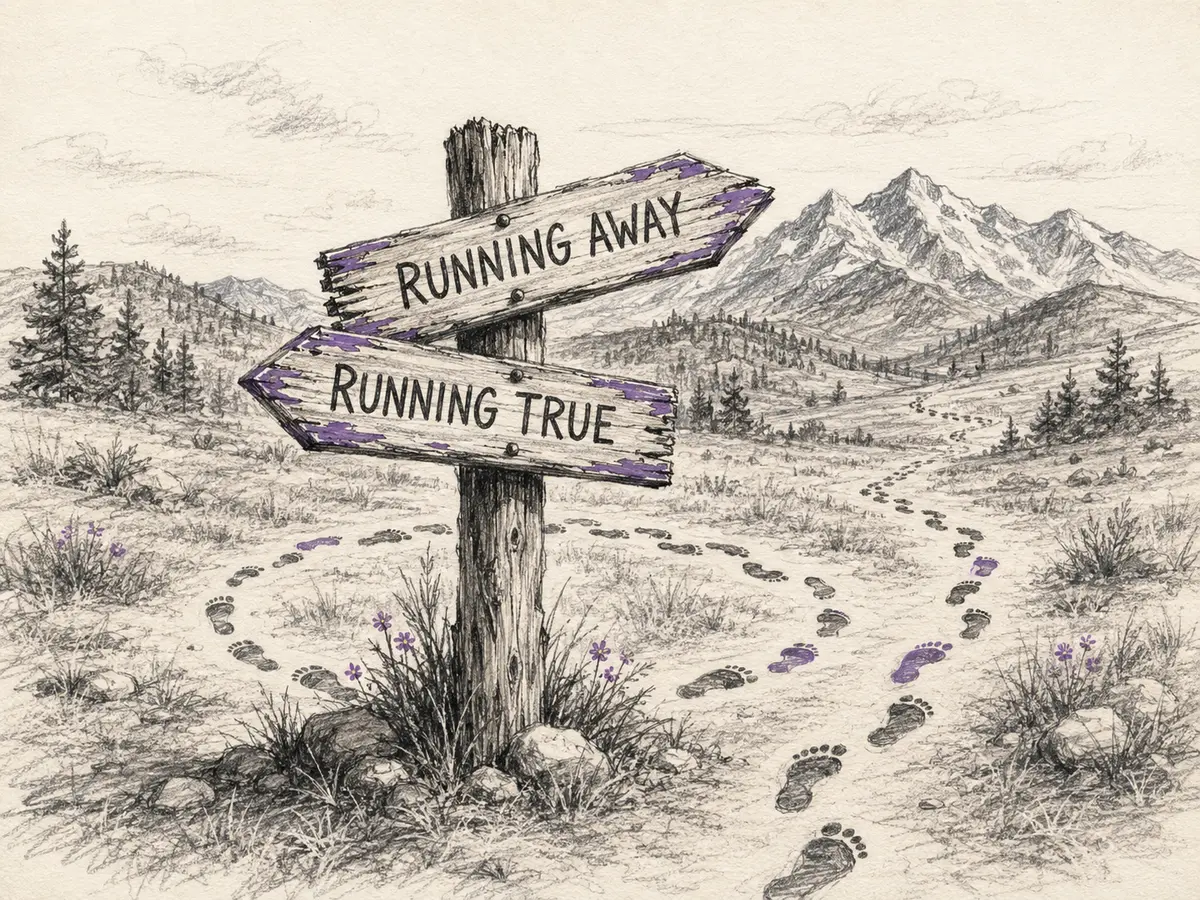 A weathered signpost points along crossing paths while footprints continue toward Colorado mountains.