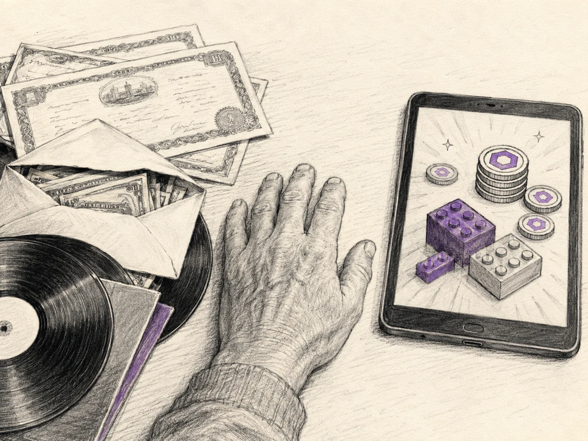 Charcoal sketch contrasting savings bonds, cash, and vinyl records with a tablet displaying generic game currency, with restrained purple highlights.