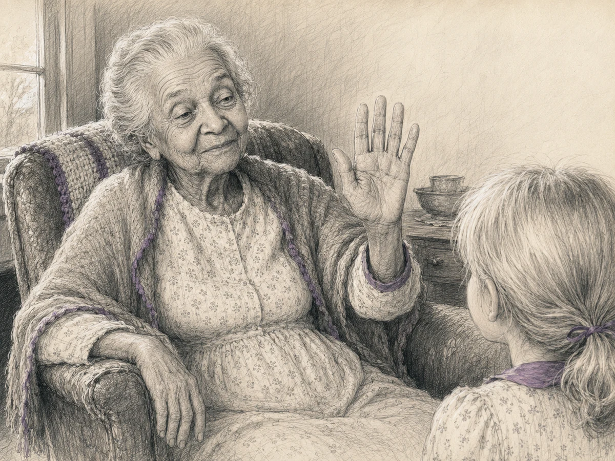 The elderly woman gently waves away the request for a frightened young girl to kiss her.