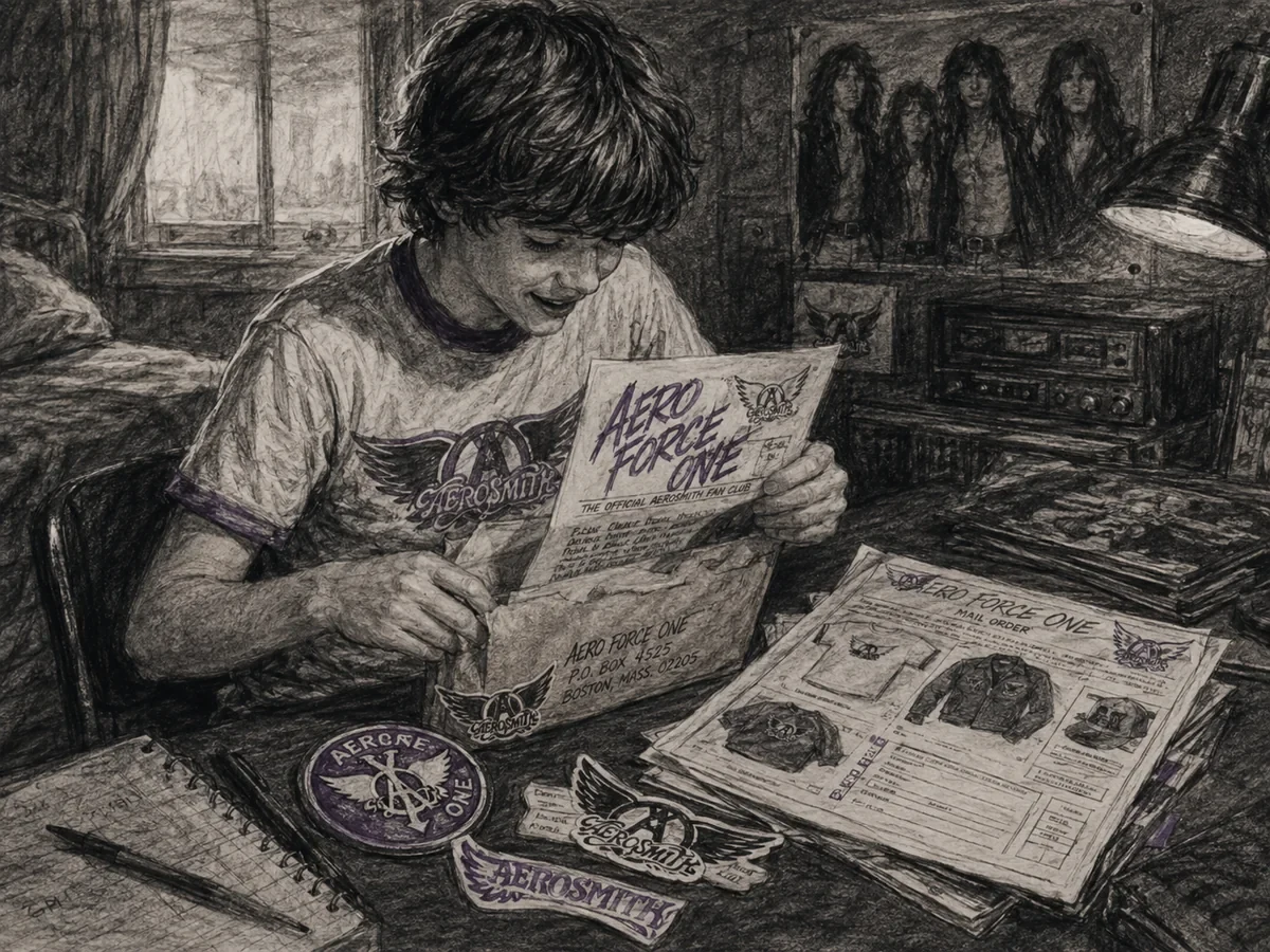 Charcoal sketch of a young Aerosmith fan opening an Aero Force One newsletter and mail-order materials at his bedroom desk, accented in purple.