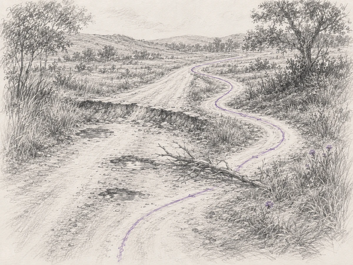 A rough road detours around a washout and fallen branch before reconnecting with the route ahead.