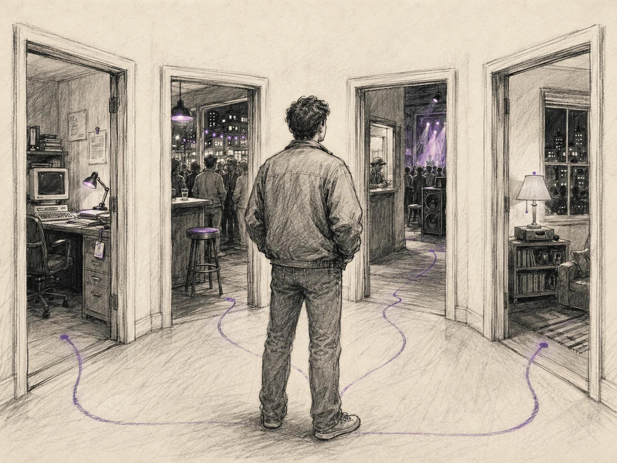 Editorial charcoal scene of an anonymous man paused among several open doorways representing work, Boulder nightlife, concerts, and a late-night apartment.