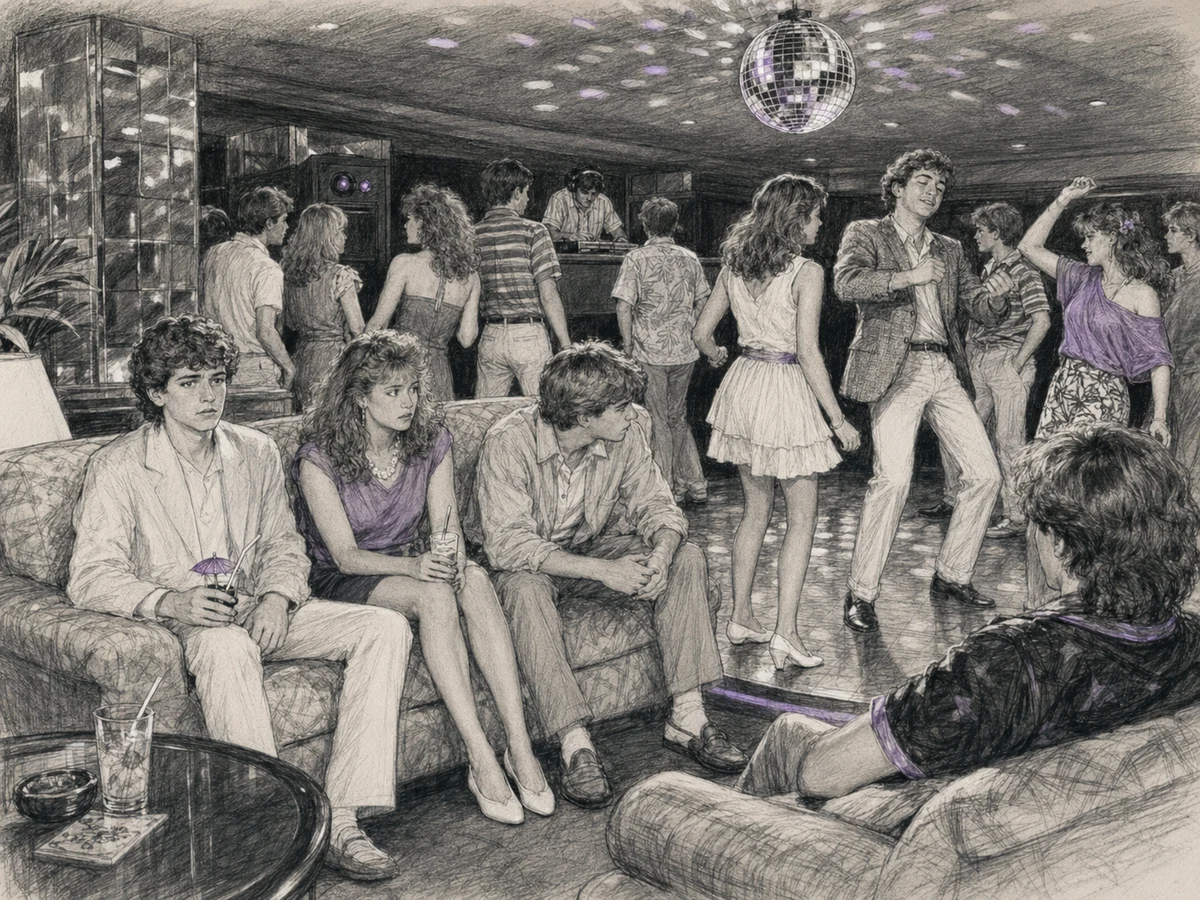 High-school seniors crowd a Waikiki hotel nightclub beneath a disco ball during a spring 1983 class trip.