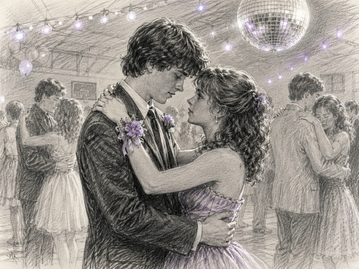 Pencil-sketch scene of a young couple slow dancing at a school dance beneath a disco ball, with other couples blurred behind them.
