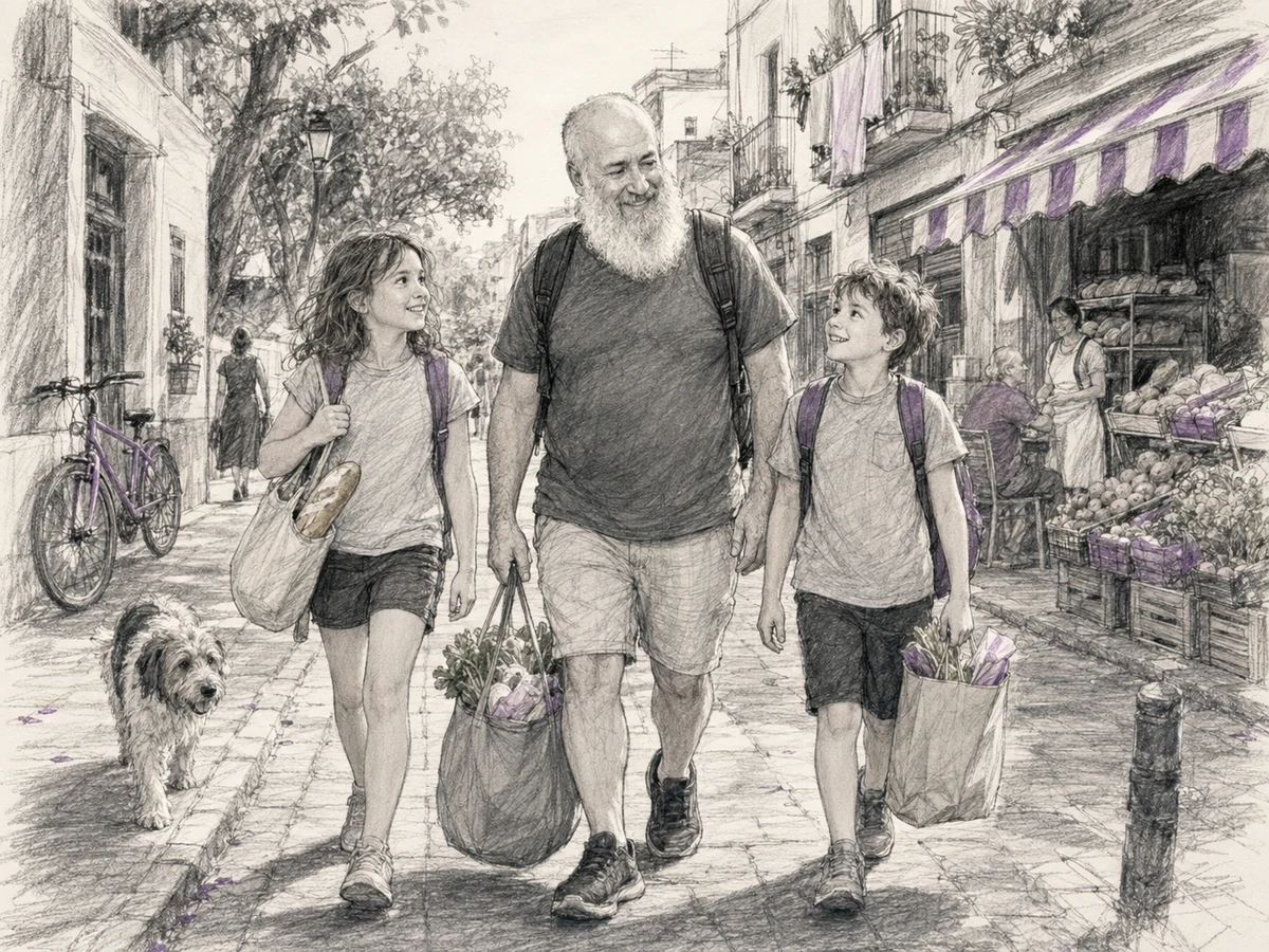 Older Will walking with close-aged Raven and Alexander as they carry groceries through a lived-in neighborhood abroad.