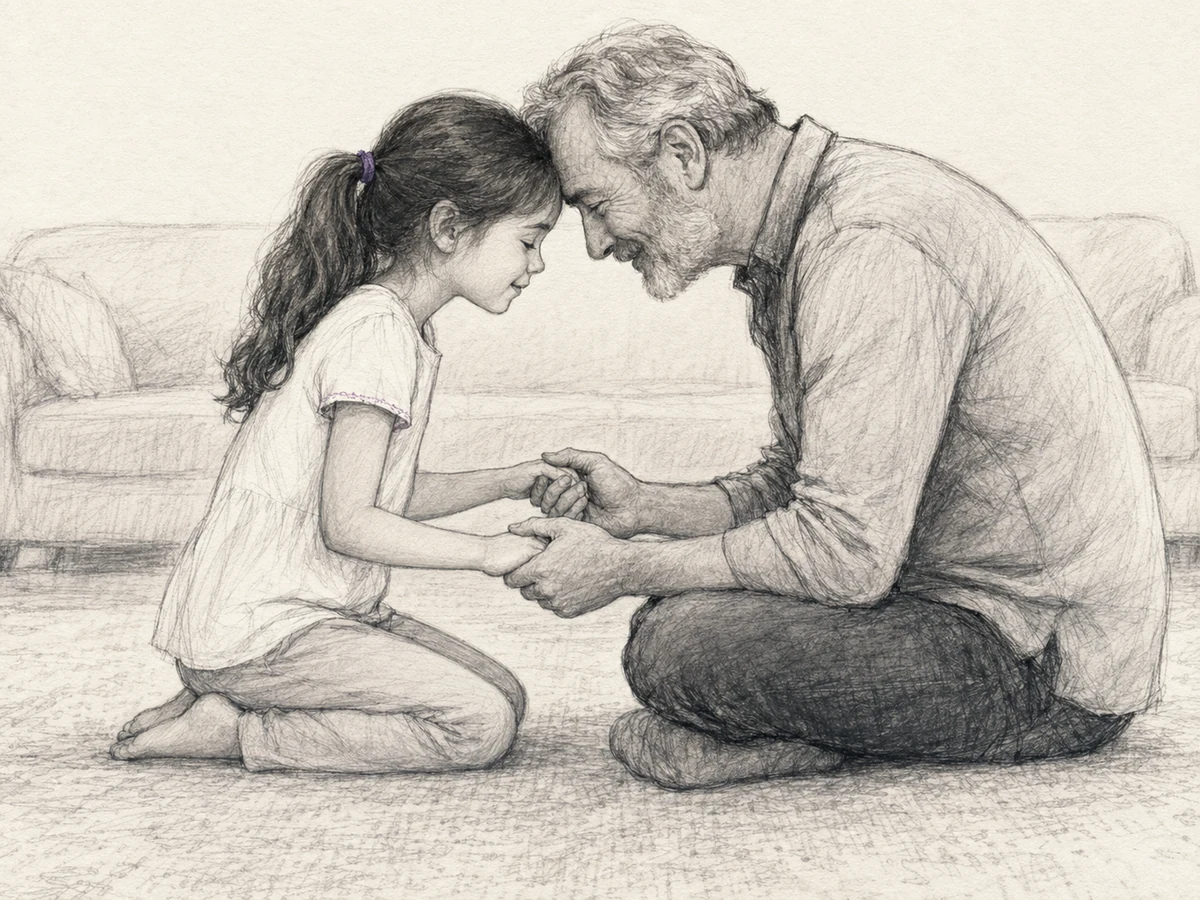 An older father and his young daughter touch foreheads while holding both hands on a family-room floor.