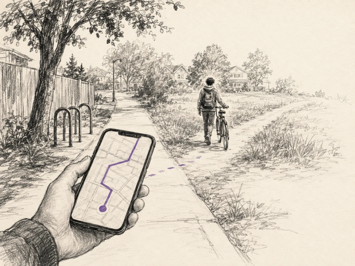 An anonymous teenager walks beyond the end of a purple tracking route while a parent’s phone remains in the foreground.