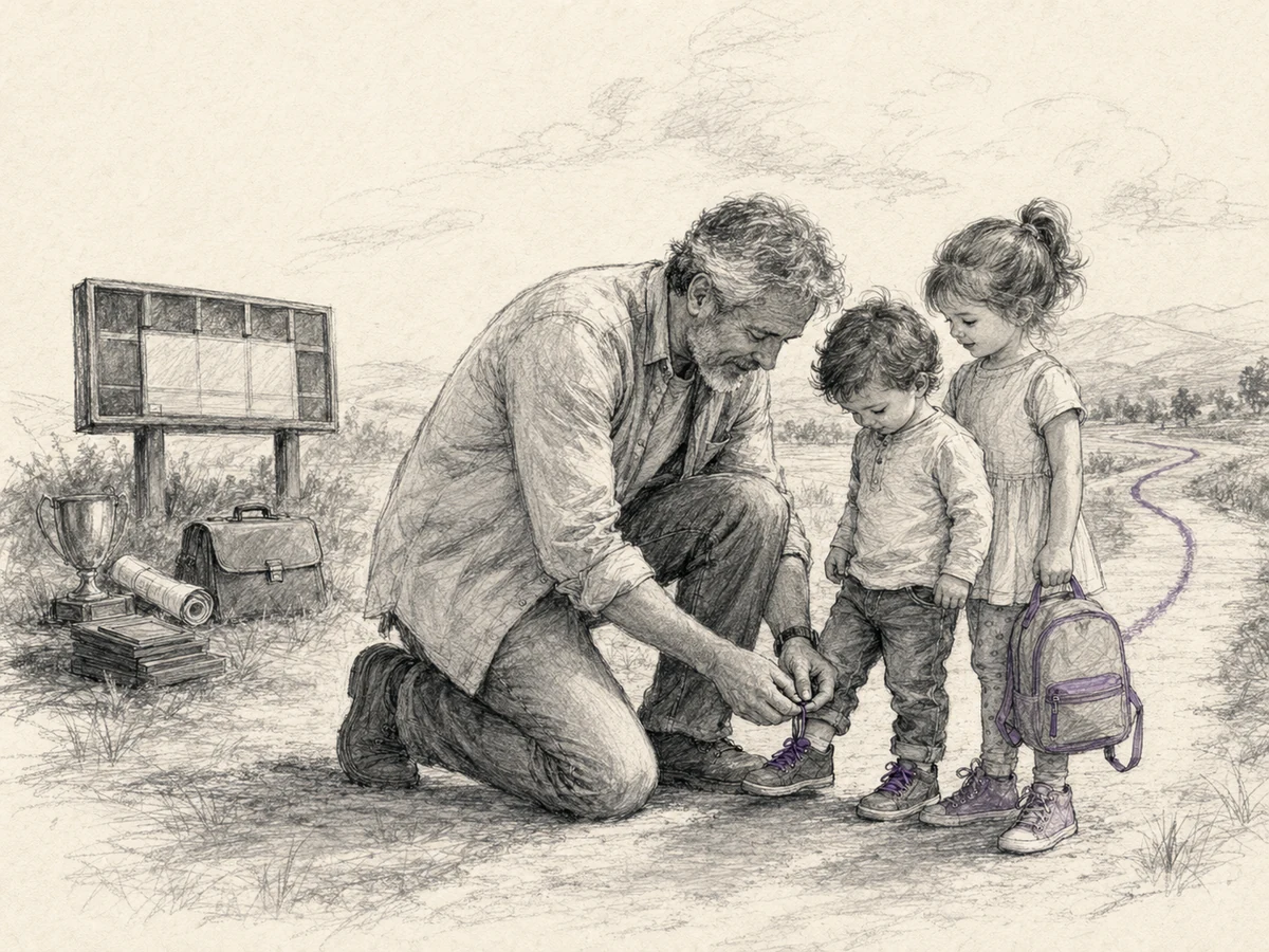 An older father helps two children prepare for a walk while discarded symbols of status sit behind them.