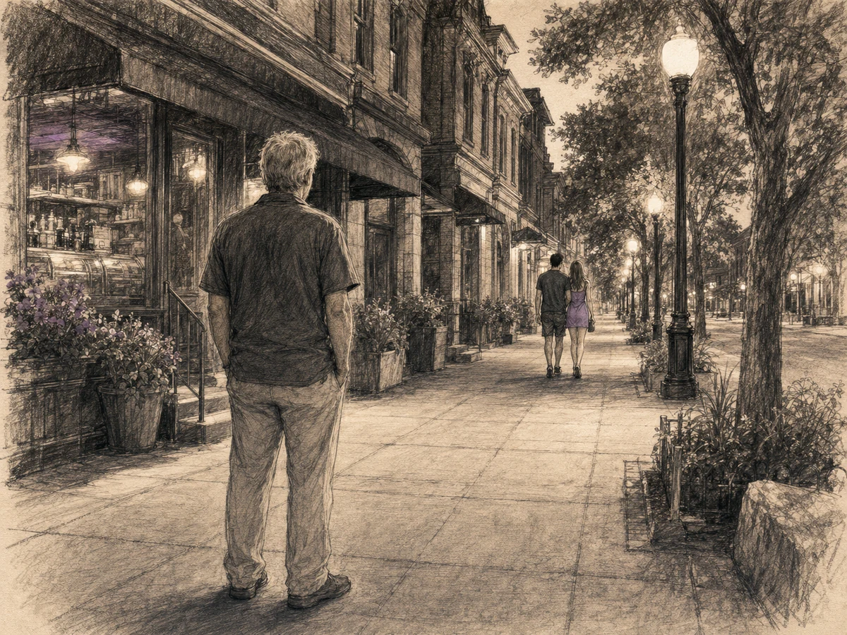 An older man looks down a warm, nearly empty Pearl Street as a younger couple walks into the remembered distance.