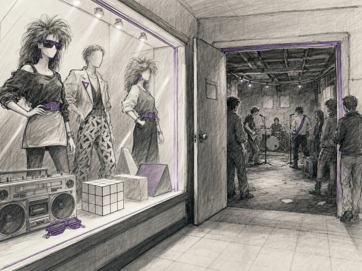 Editorial charcoal scene contrasting a glossy 1980s mall display with a rough basement music club visible through an open doorway.