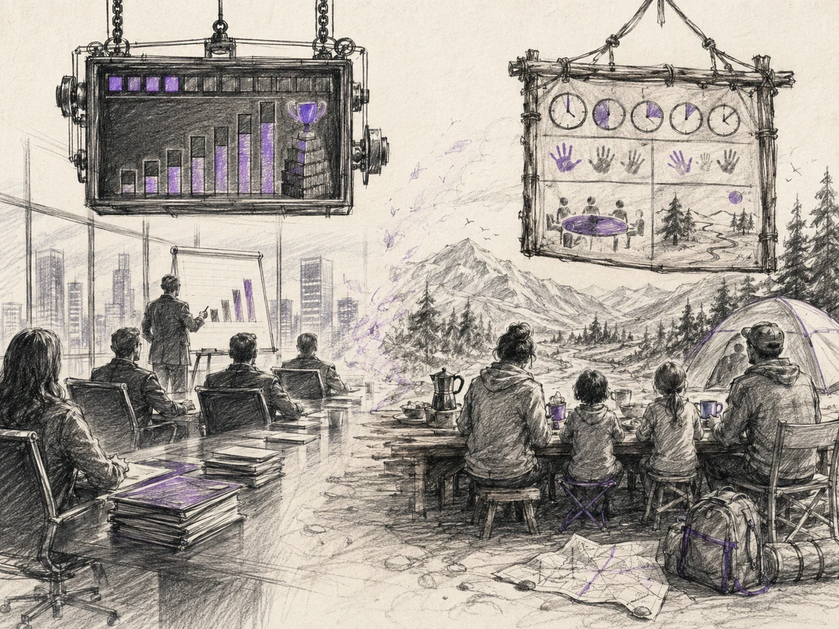 Contrasting scoreboards measure a corporate boardroom and a family campsite by entirely different ideas of success.