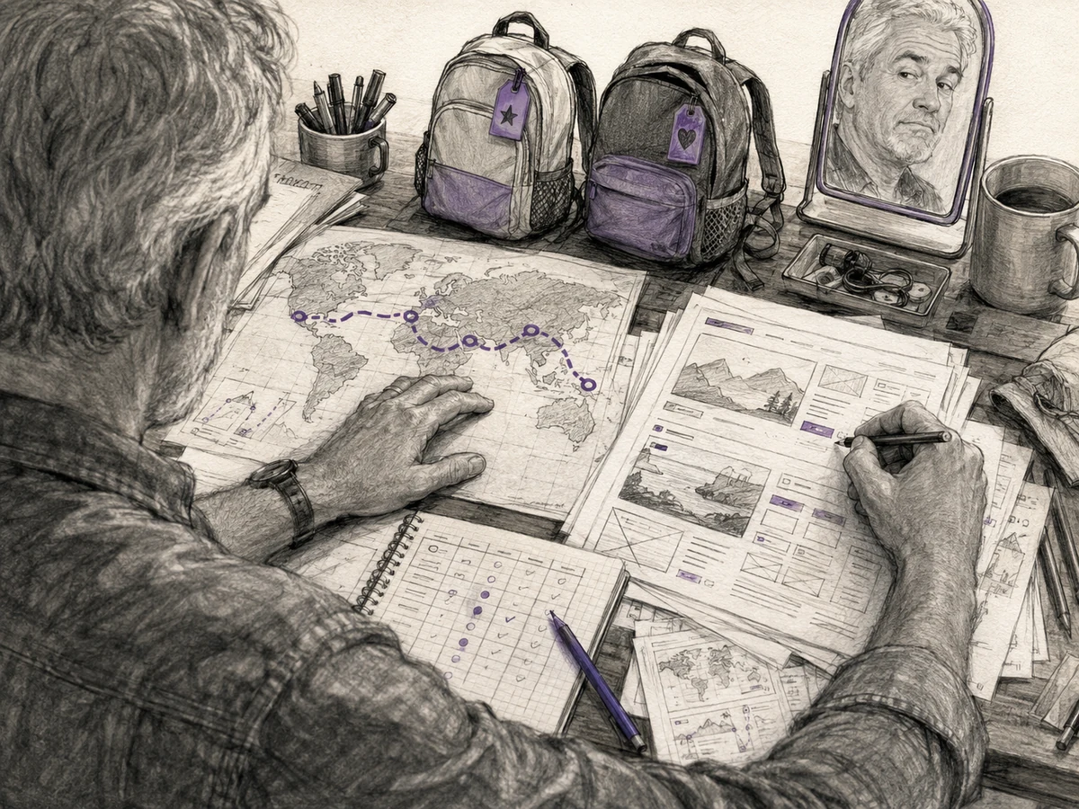 An older man works among course plans, a world map, two small travel backpacks, and an unfinished website draft.