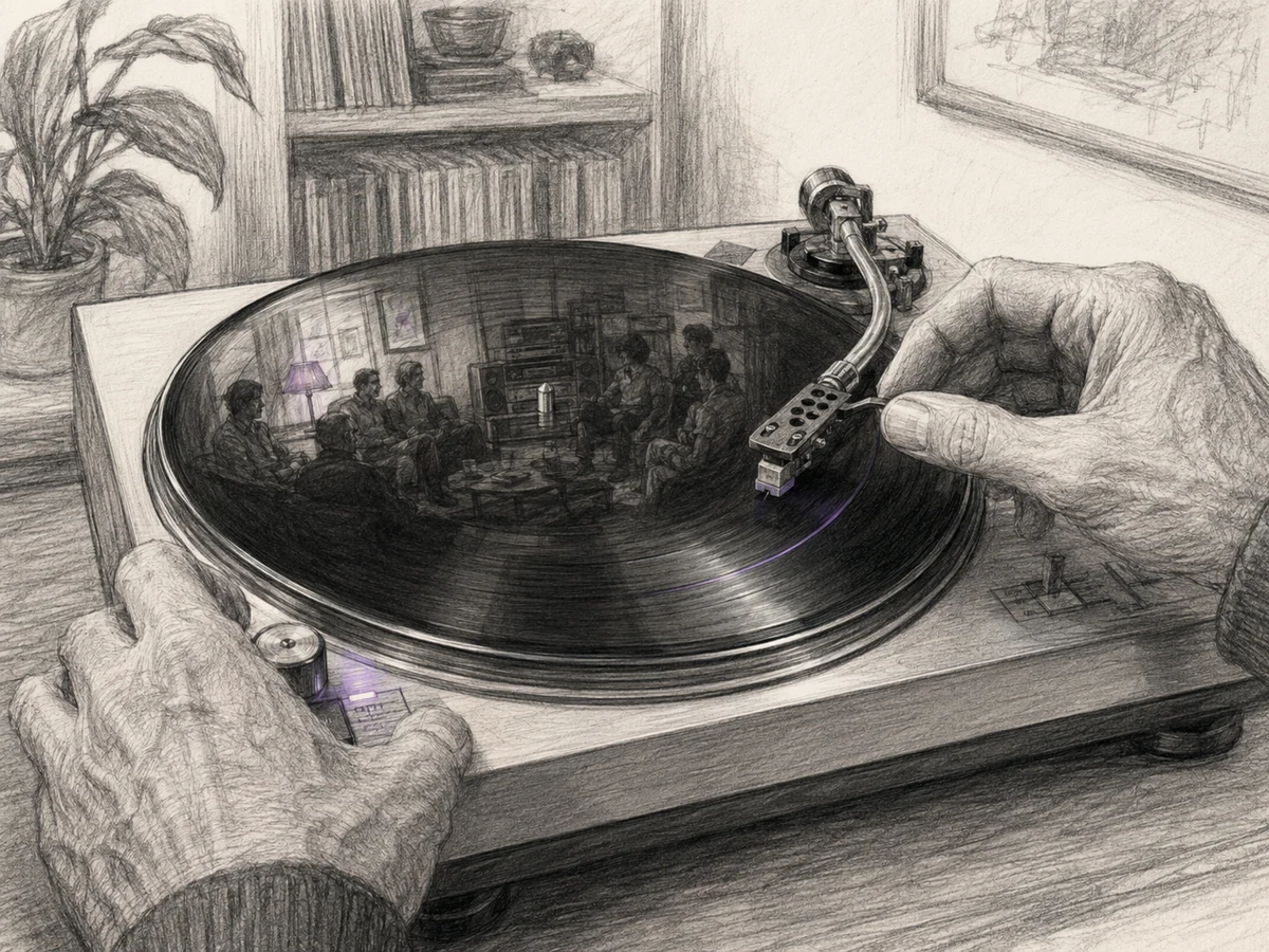 Older hands lowering a turntable needle while the record faintly reflects a crowded apartment listening room from years earlier.