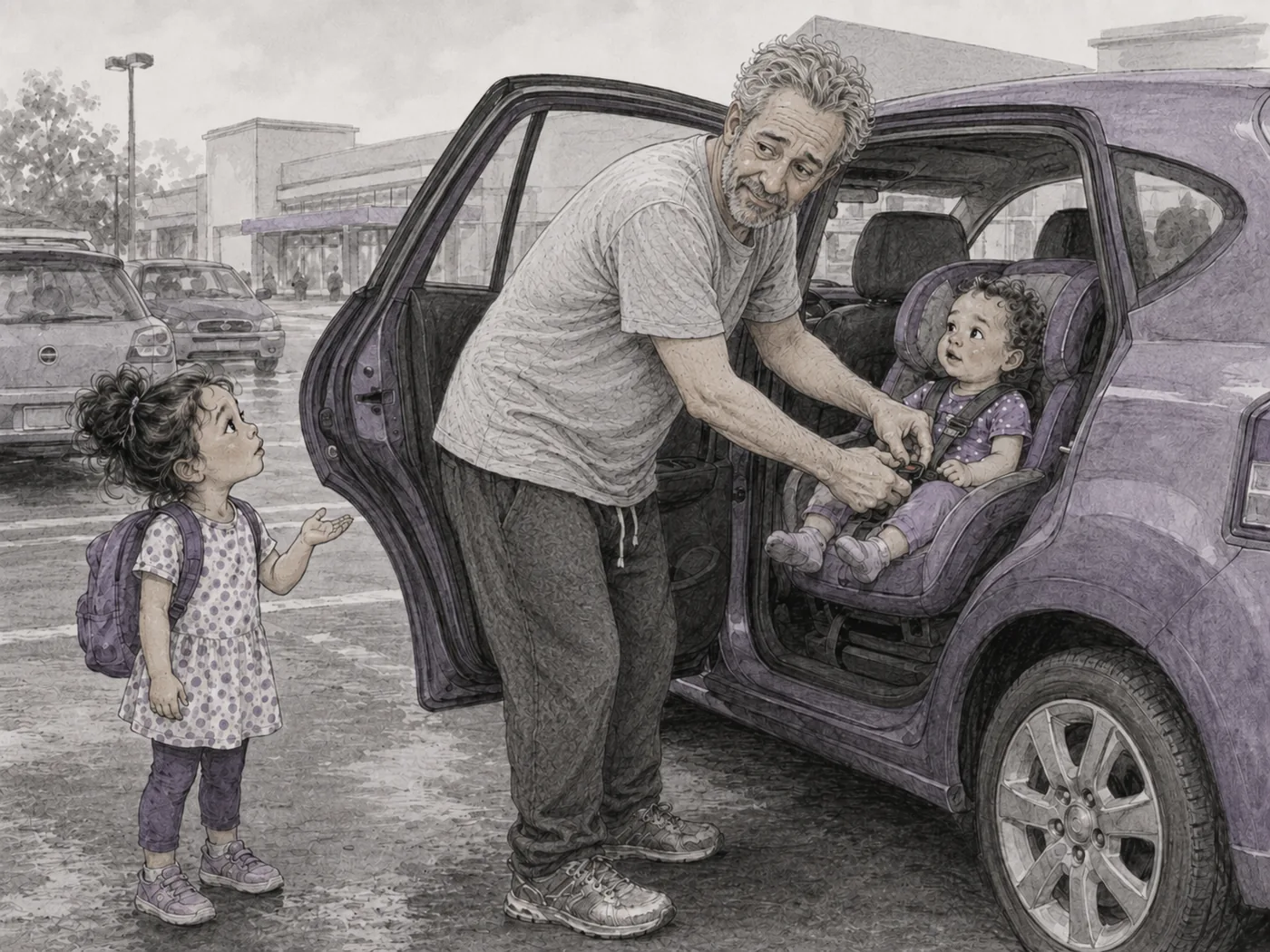 An older father buckles his toddler into the car while his daughter stands nearby asking a question.