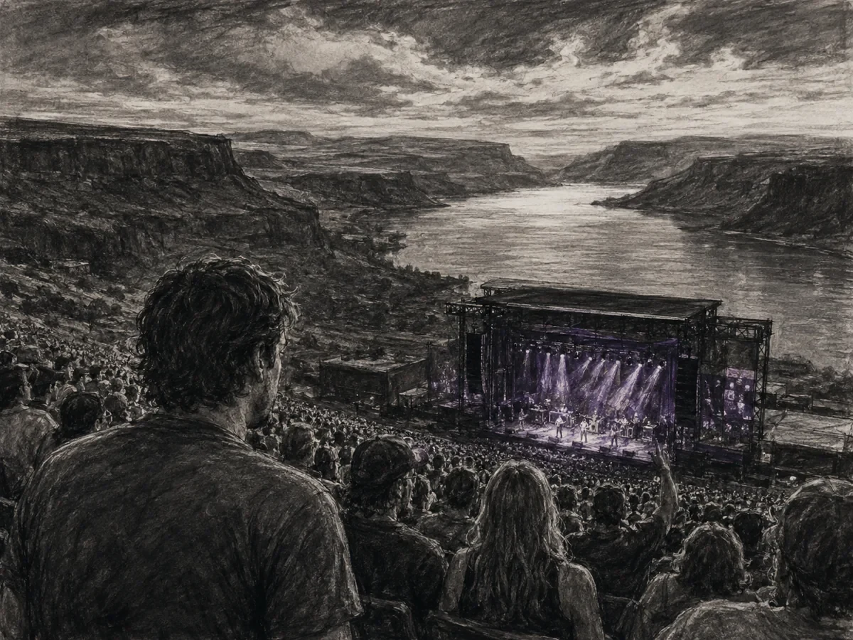 Charcoal landscape of an outdoor rock concert at the Gorge above the Columbia River, with the stage lights picked out in restrained purple.