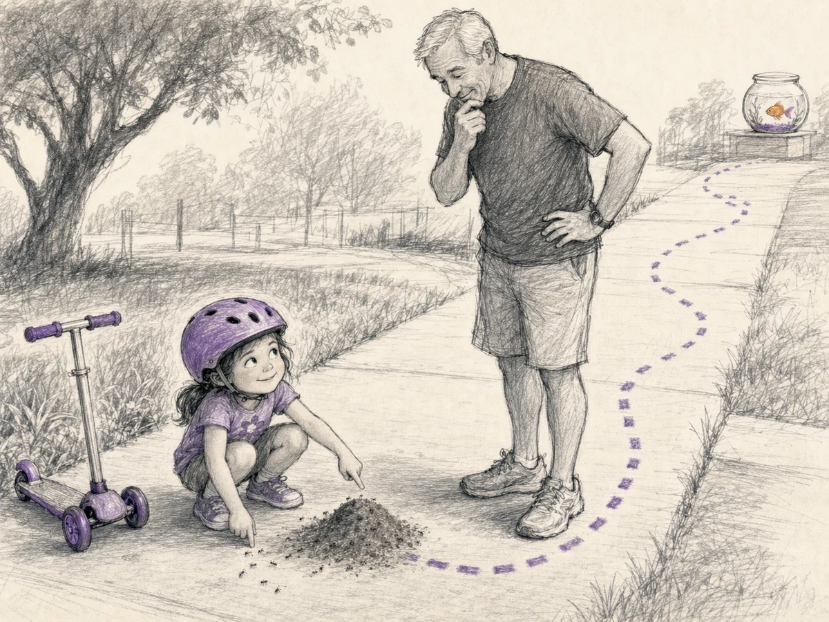 A clever young child leads her puzzled father past an ant-hill decoy toward a waiting goldfish bowl.