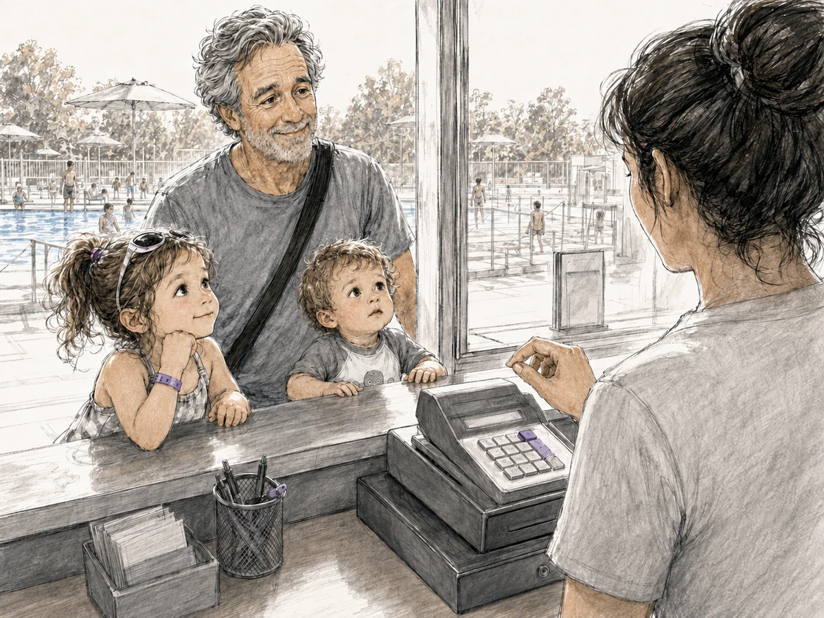 A pool clerk pauses over the register while an older father, his young daughter, and toddler son wait for their admission total.