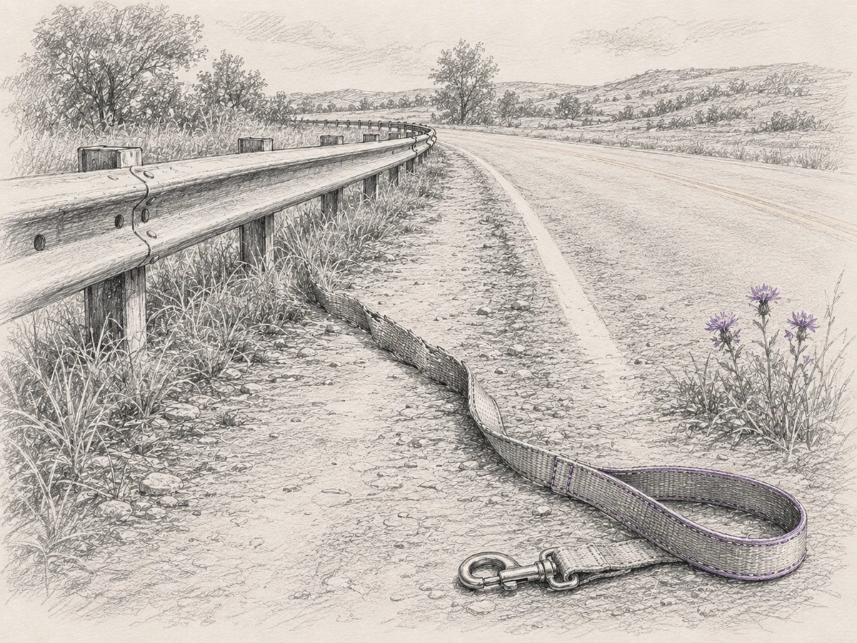 A roadside guardrail transforms into an open leash lying loose beside the road.