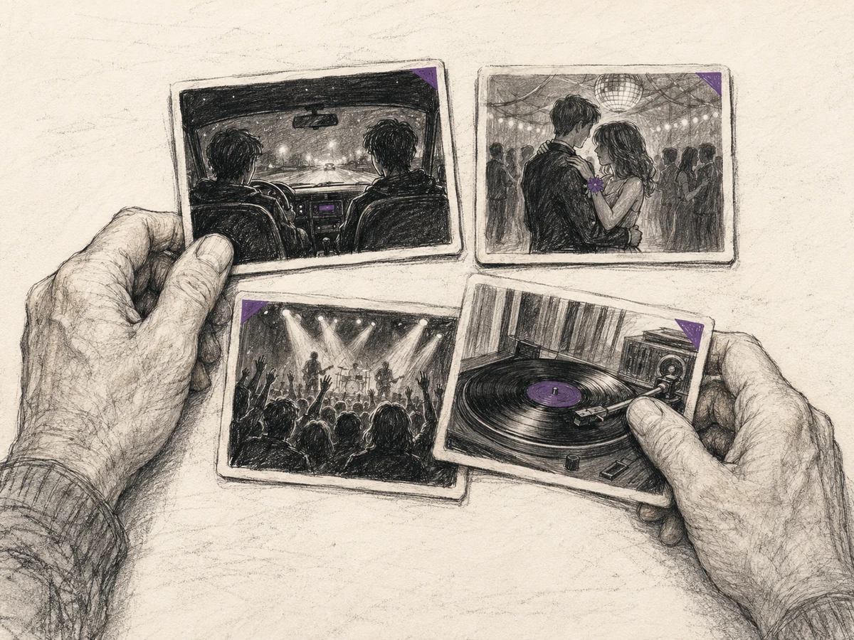 Bright pencil-sketch view of older hands arranging four memory cards showing a nighttime drive, school dance, concert, and turntable, with sparse purple accents.