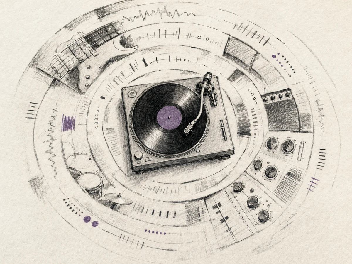 Overhead charcoal illustration of a turntable surrounded by guitar fragments, studio controls, and layered musical marks opening outward.