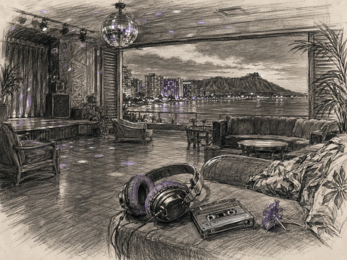 An empty Waikiki hotel club overlooks Honolulu at night with headphones and a cassette left beside an open window.