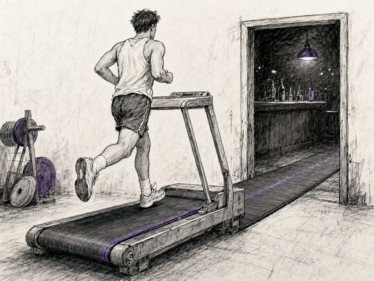 A runner on a treadmill whose belt continues directly through an open doorway into an empty bar.
