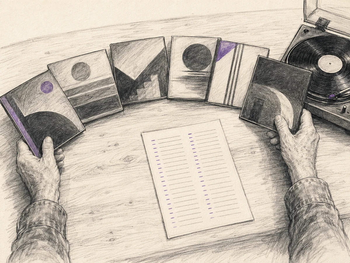 Charcoal sketch of older hands arranging six albums and a handwritten playlist beside a turntable, with sparse purple accents.