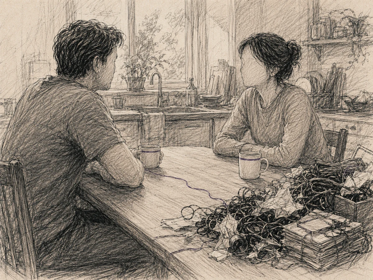 Two people seeing each other across a cluttered table after a dark tangle has been pushed aside.