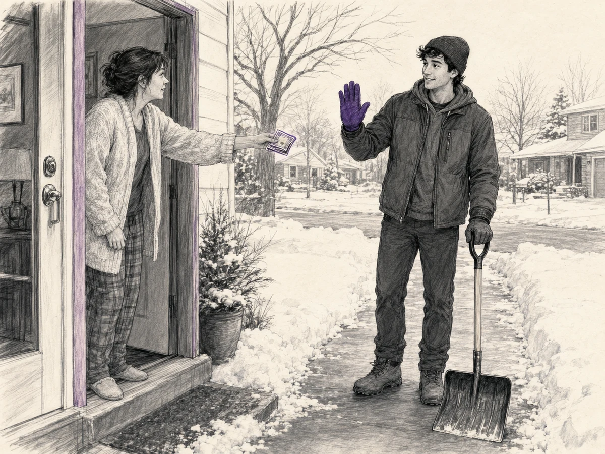 A neighbor offers money to the young man clearing her sidewalk, but he politely refuses payment.