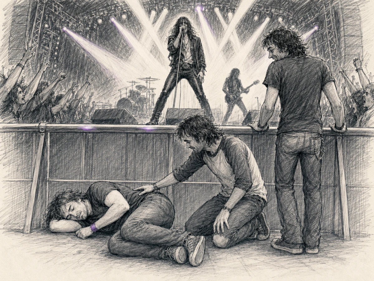 A man asleep at the front barrier while his friends watch an explosive rock concert directly above him.